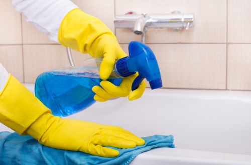 Cleaner maintaining a polished indoor space with attention to detail