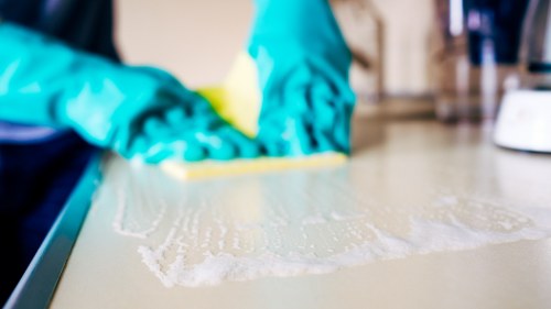 Close-up view of a cleaning cloth and supplies used by Hollandpark cleaners